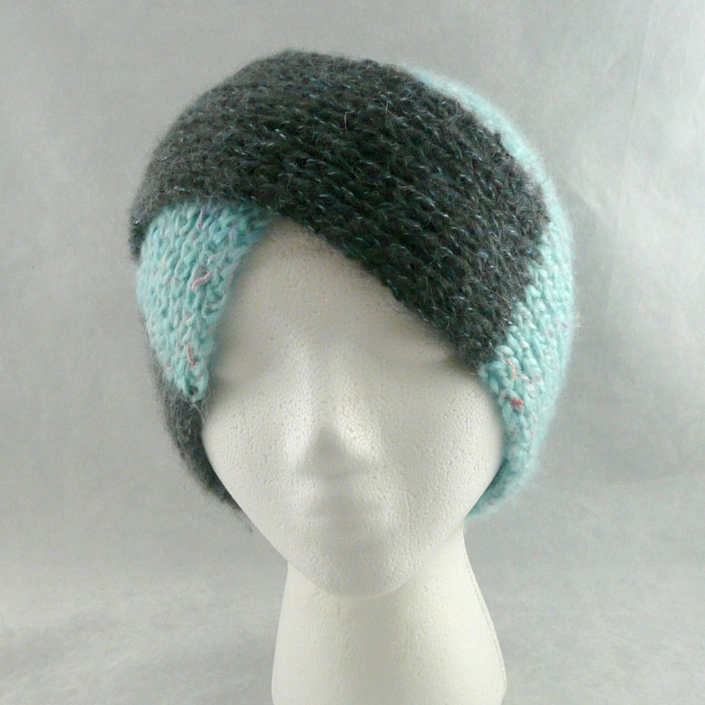 Hand Knit Split Turban Style Ear Warmer Head Wrap Aqua Gray Metallic Two Tone